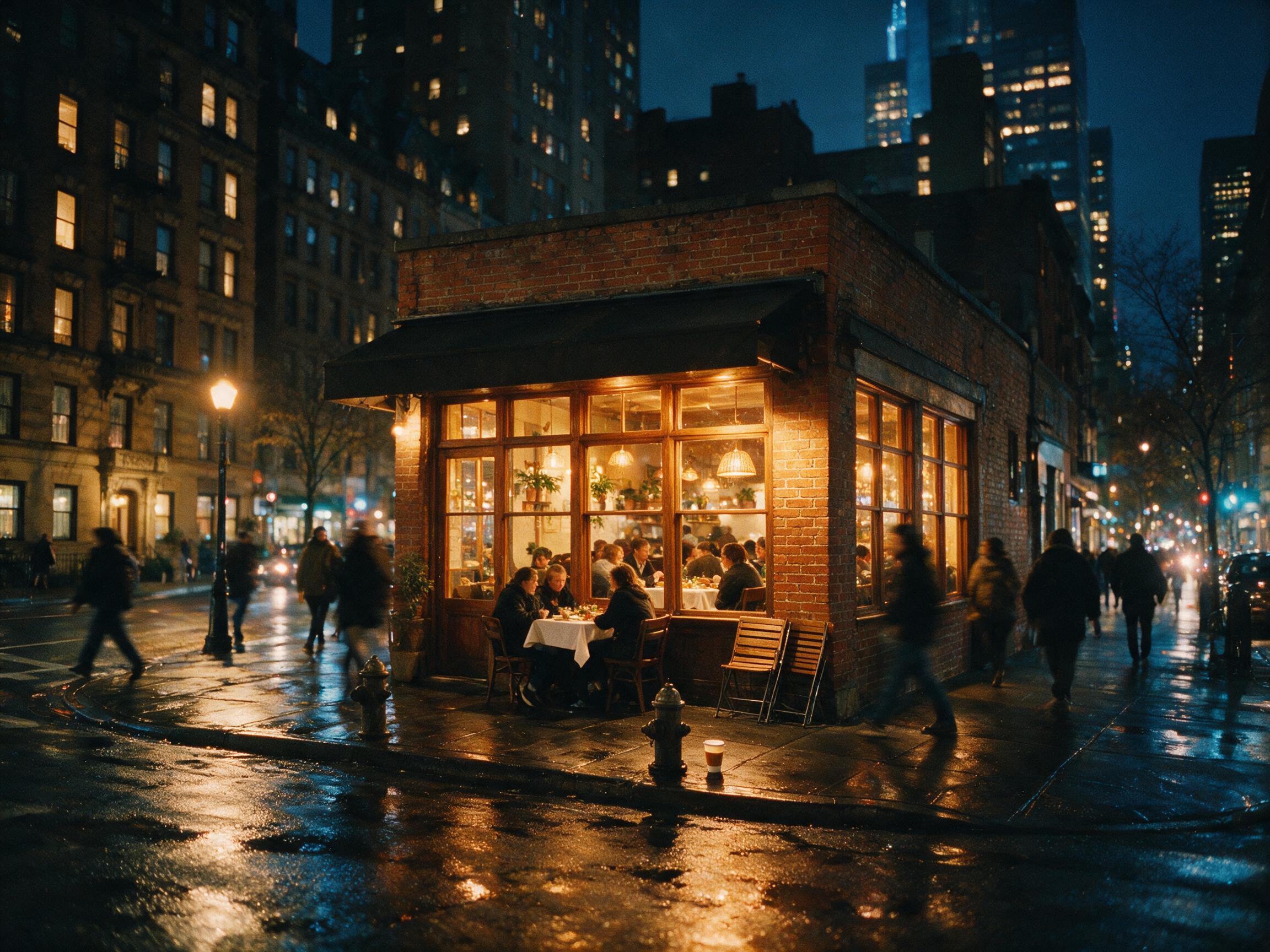 A restaurant front on a busy downtown corner at night