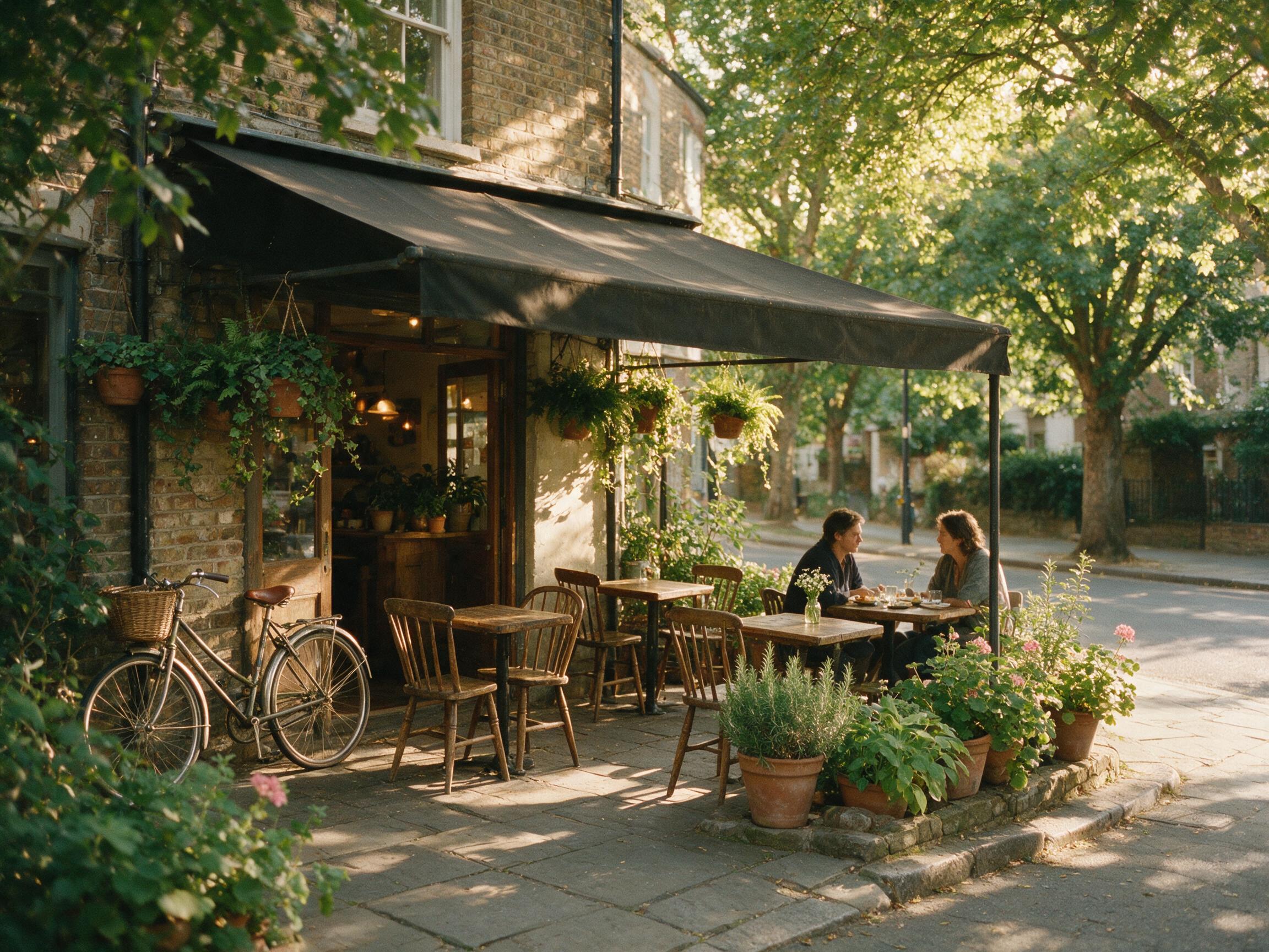 The same restaurant on a quiet leafy street in the afternoon