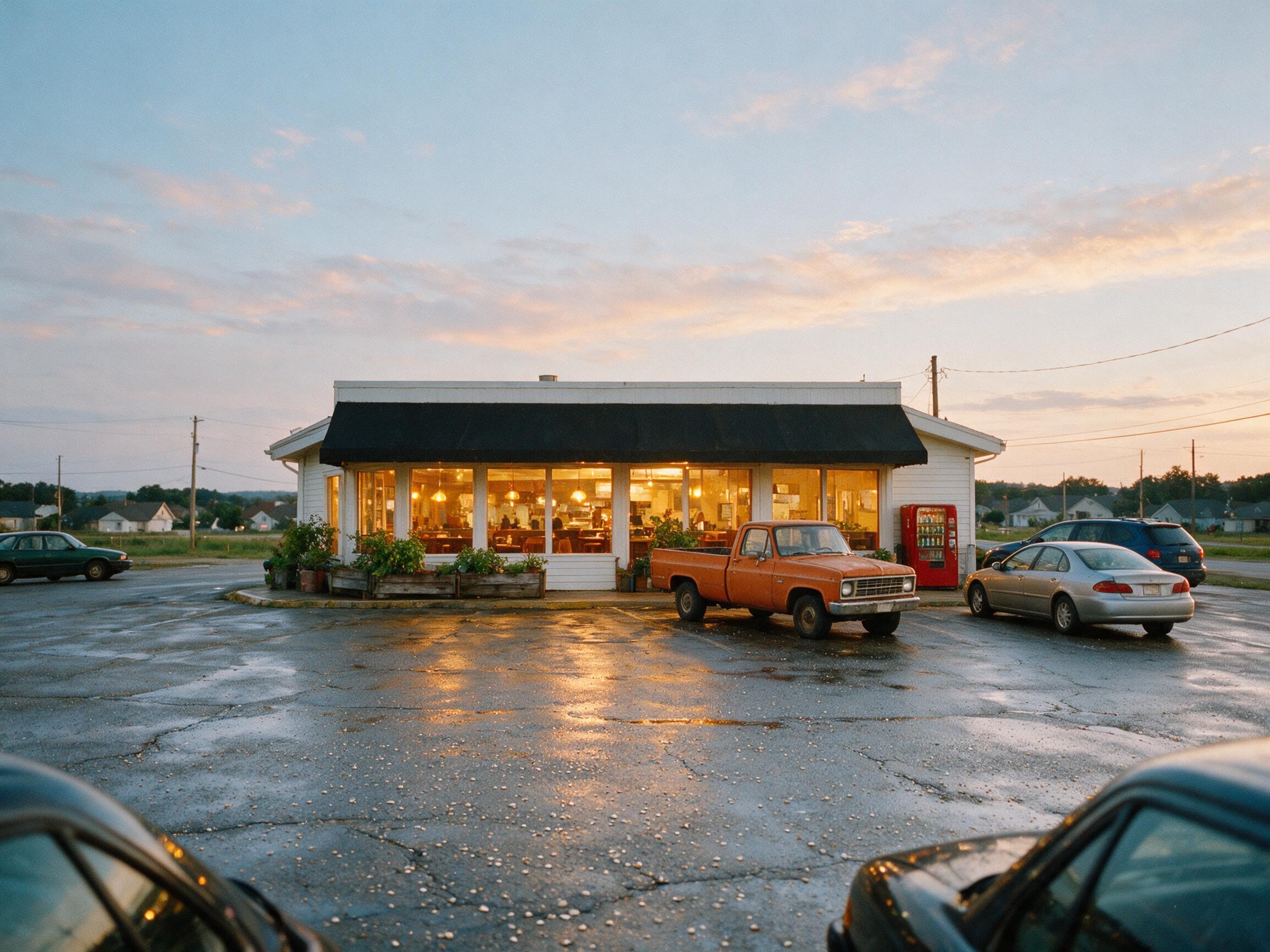A roadside restaurant with a parking lot at dusk