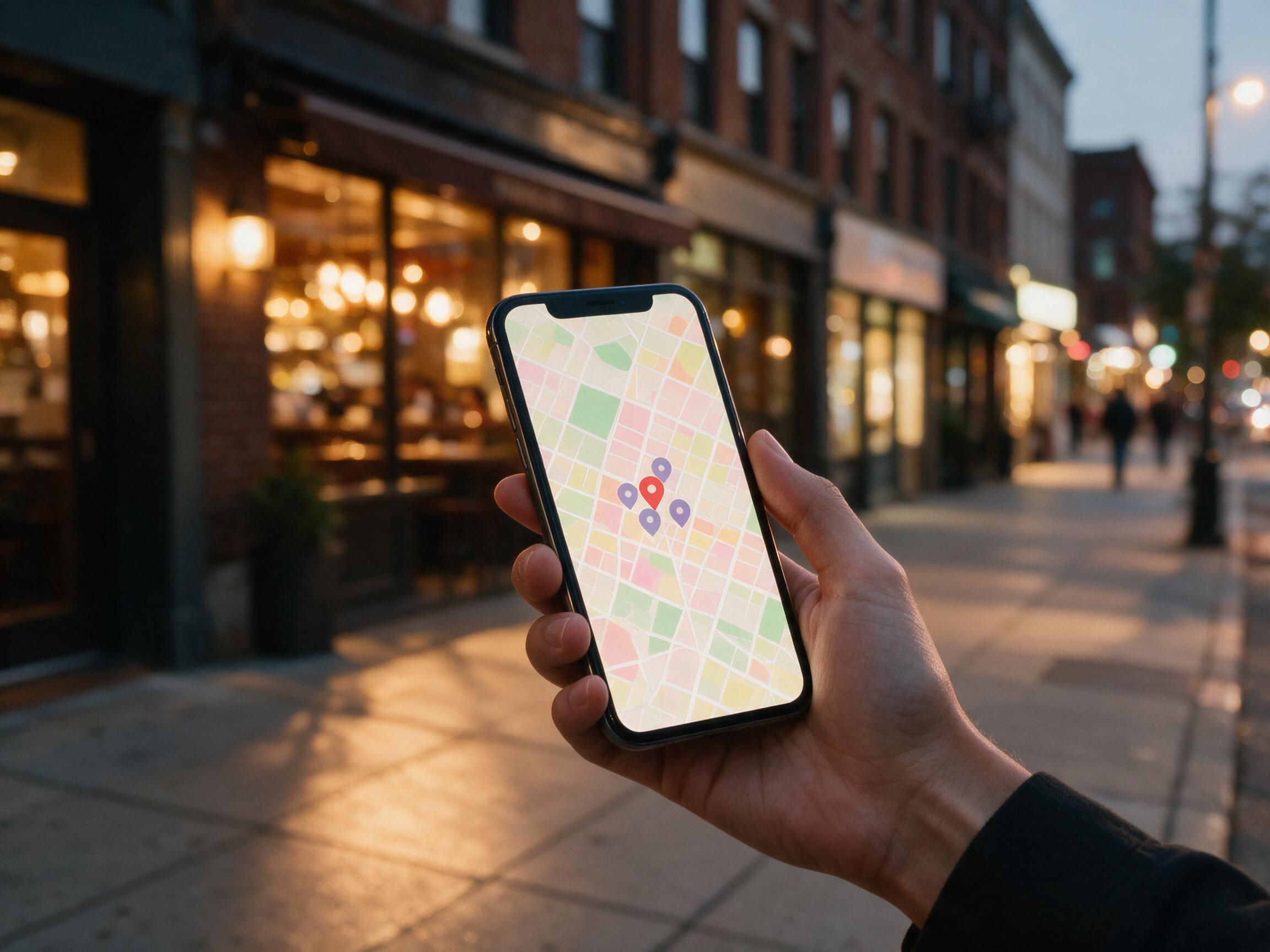 A phone showing a map with nearby restaurant pins