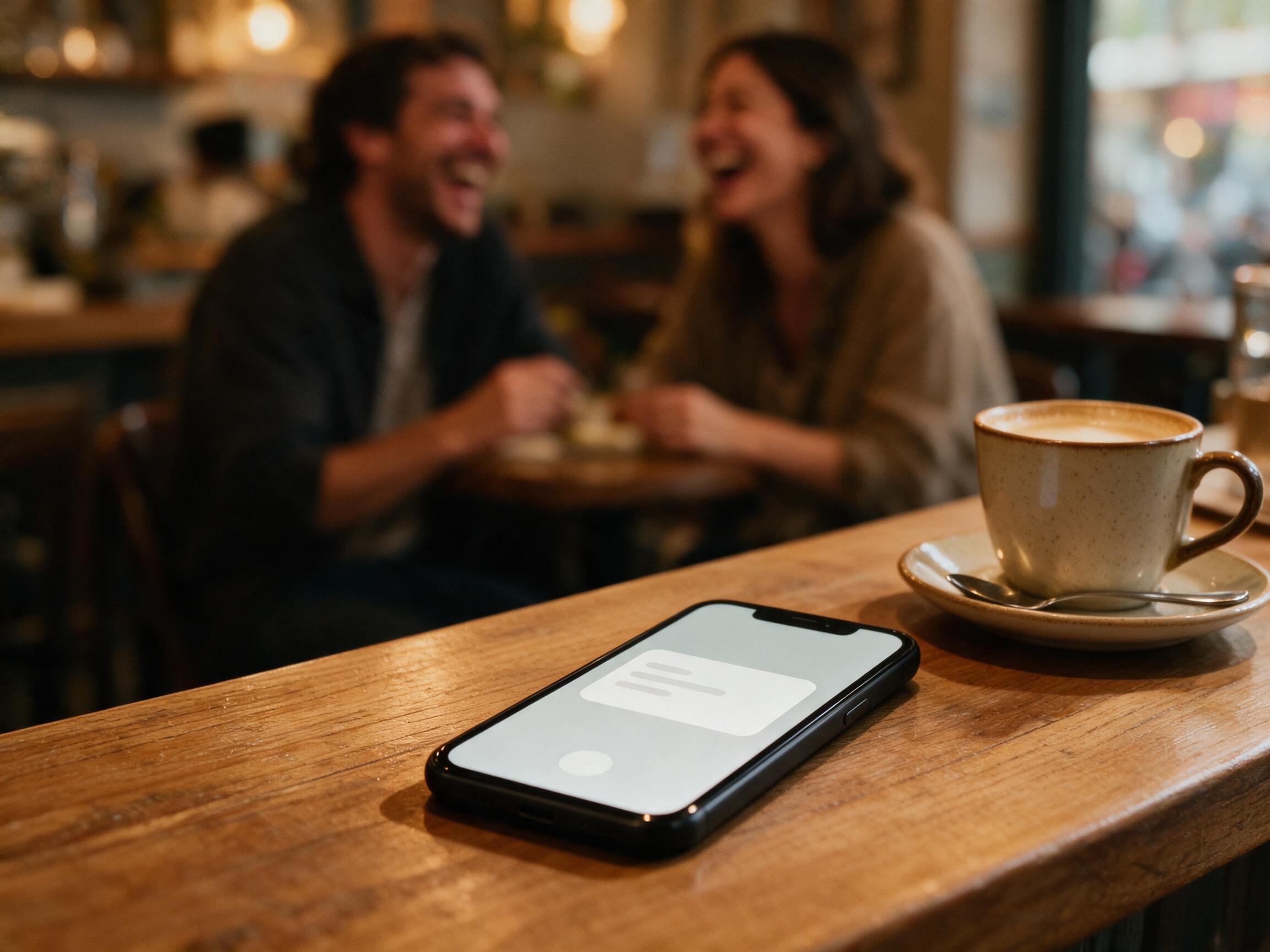A phone on a counter showing a message, regulars in the background