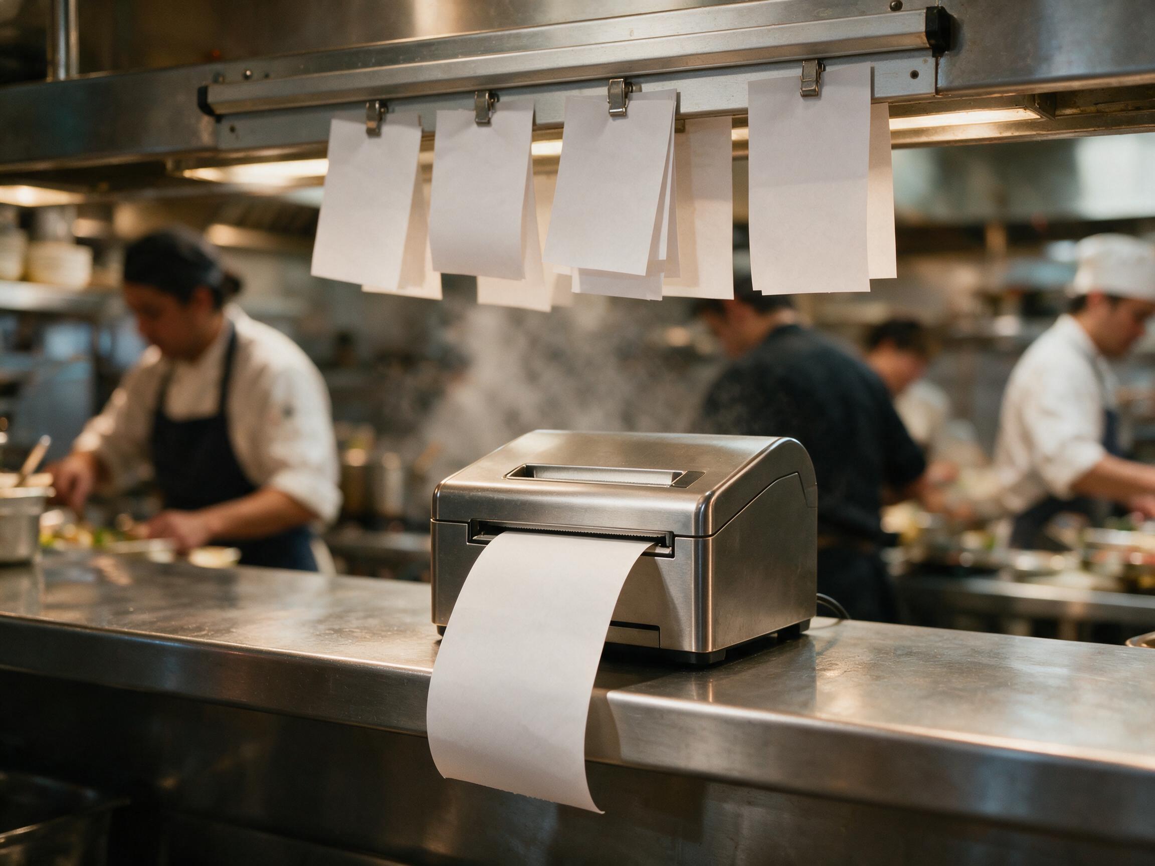Order tickets printing in a restaurant kitchen